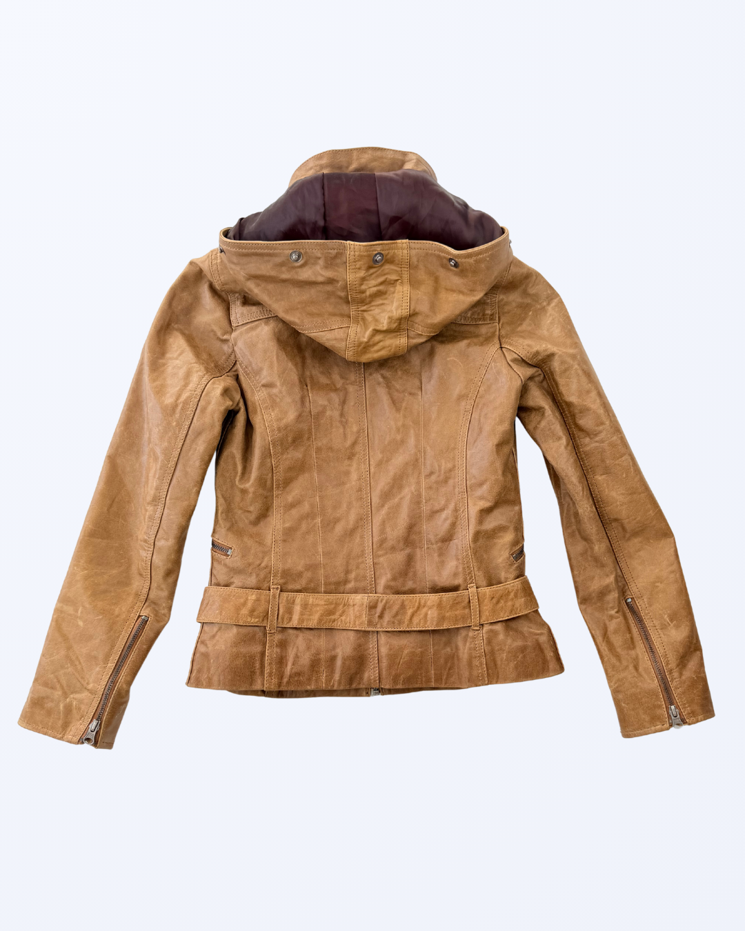 L Aurore Lederjacke hellbrauch abnehmbare Kapuze Fell Teos Vintage Onlineshop