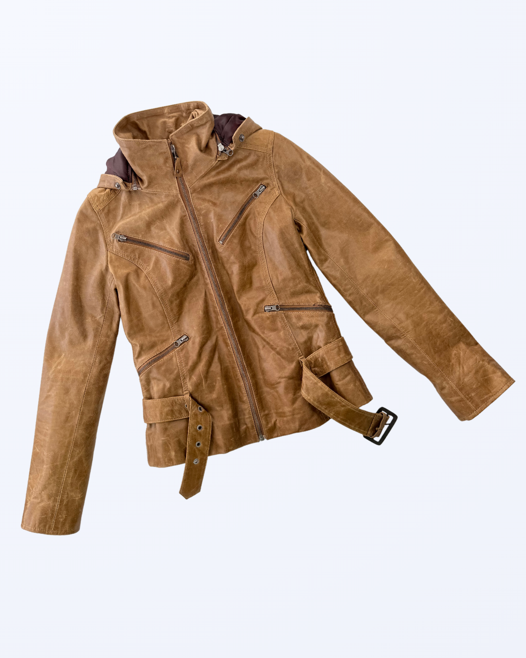 L Aurore Lederjacke hellbrauch abnehmbare Kapuze Fell Teos Vintage Onlineshop