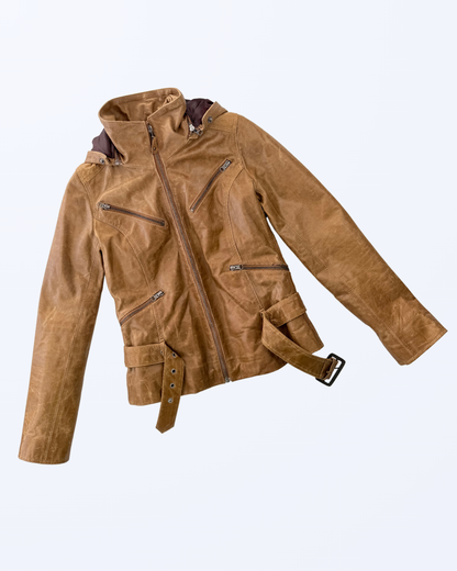L Aurore Lederjacke hellbrauch abnehmbare Kapuze Fell Teos Vintage Onlineshop