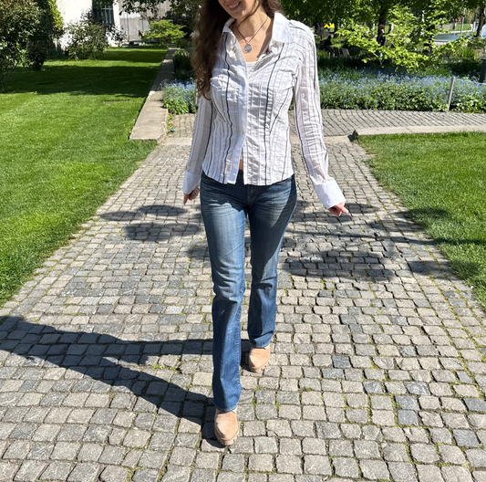 90s Style langarmbluse gestreift weiß beige Teos Vintage Onlineshop