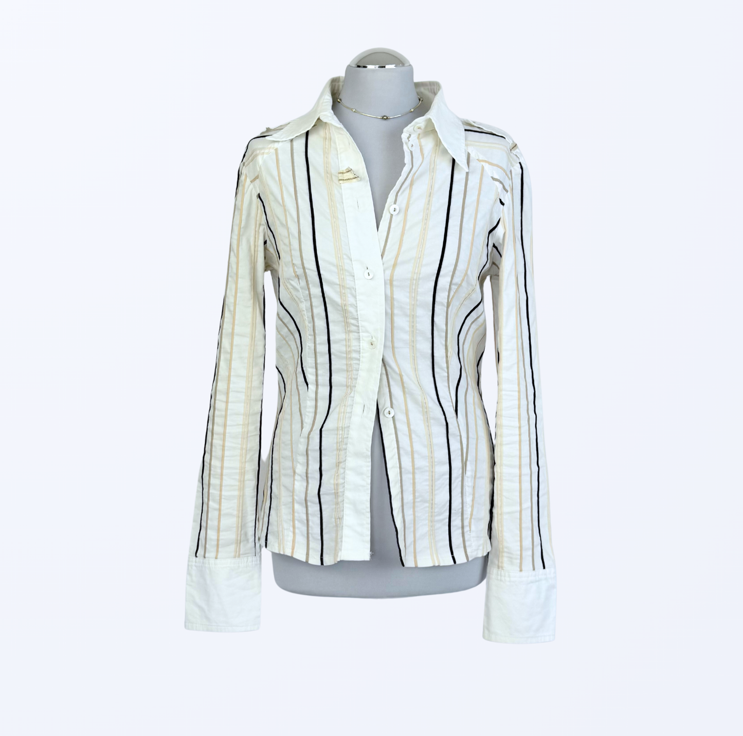 90s Style langarmbluse gestreift weiß beige Teos Vintage Onlineshop