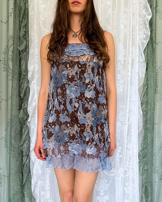 Minikleid Babydoll Style Sommerkleid braun blau Seide Muster gemustert layer-look