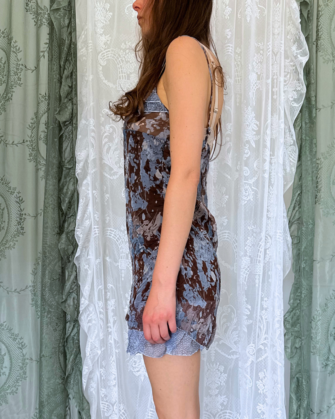 Minikleid Babydoll Style Sommerkleid braun blau Seide Muster gemustert layer-look