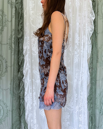 Minikleid Babydoll Style Sommerkleid braun blau Seide Muster gemustert layer-look