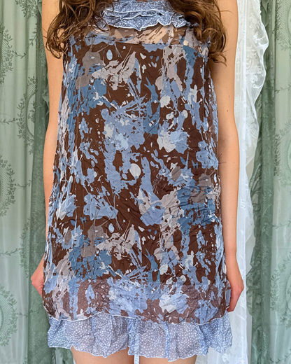 Minikleid Babydoll Style Sommerkleid braun blau Seide Muster gemustert layer-look