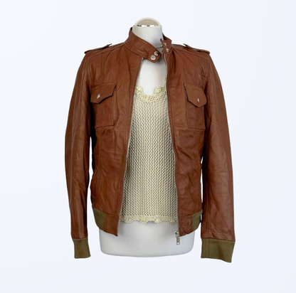 Biker Lederjacke 90s Style Lederjacke cognac braun mit grün