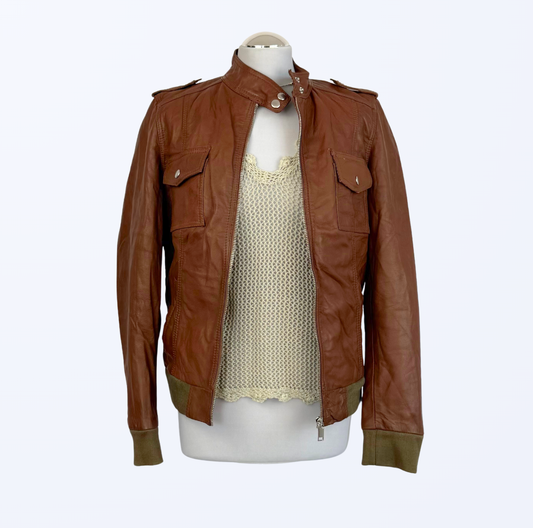 Biker Lederjacke 90s Style Lederjacke cognac braun mit grün