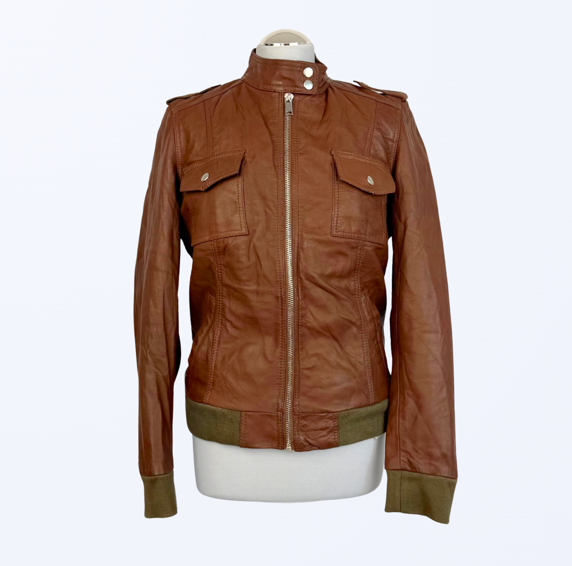 Biker Lederjacke 90s Style Lederjacke cognac braun mit grün