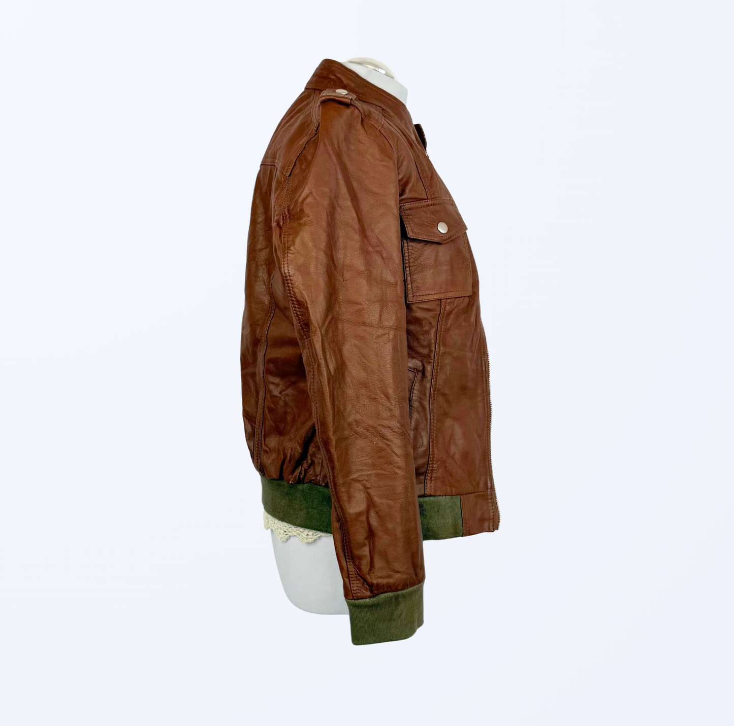 Biker Lederjacke 90s Style Lederjacke cognac braun mit grün