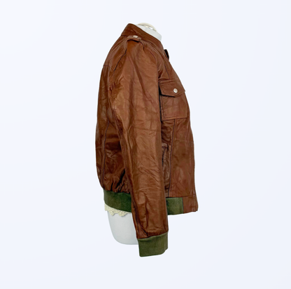 Biker Lederjacke 90s Style Lederjacke cognac braun mit grün