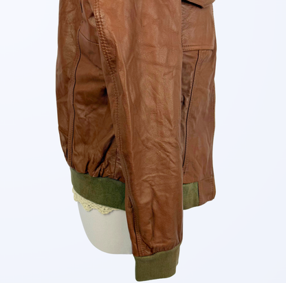 Biker Lederjacke 90s Style Lederjacke cognac braun mit grün