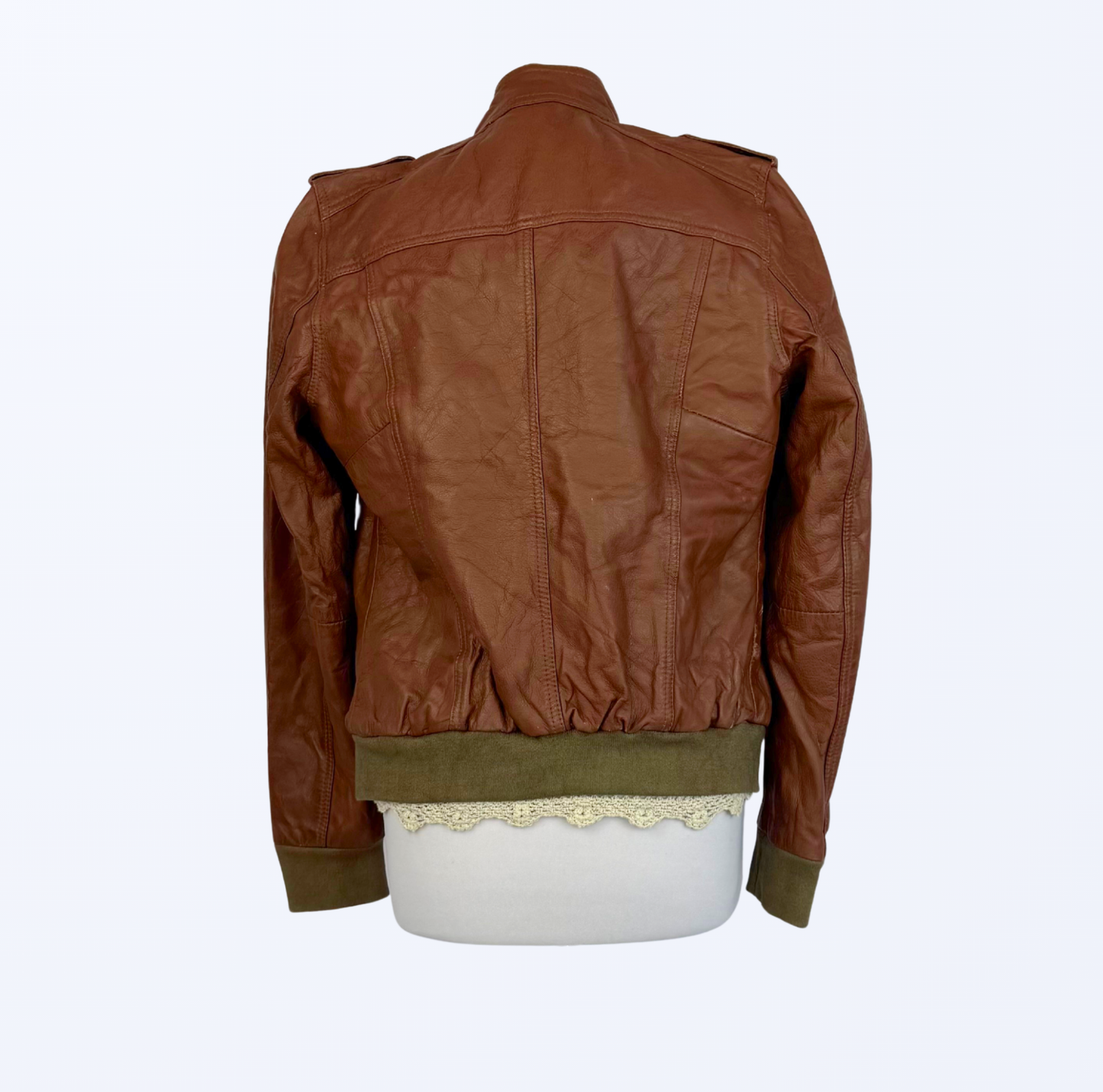 Biker Lederjacke 90s Style Lederjacke cognac braun mit grün