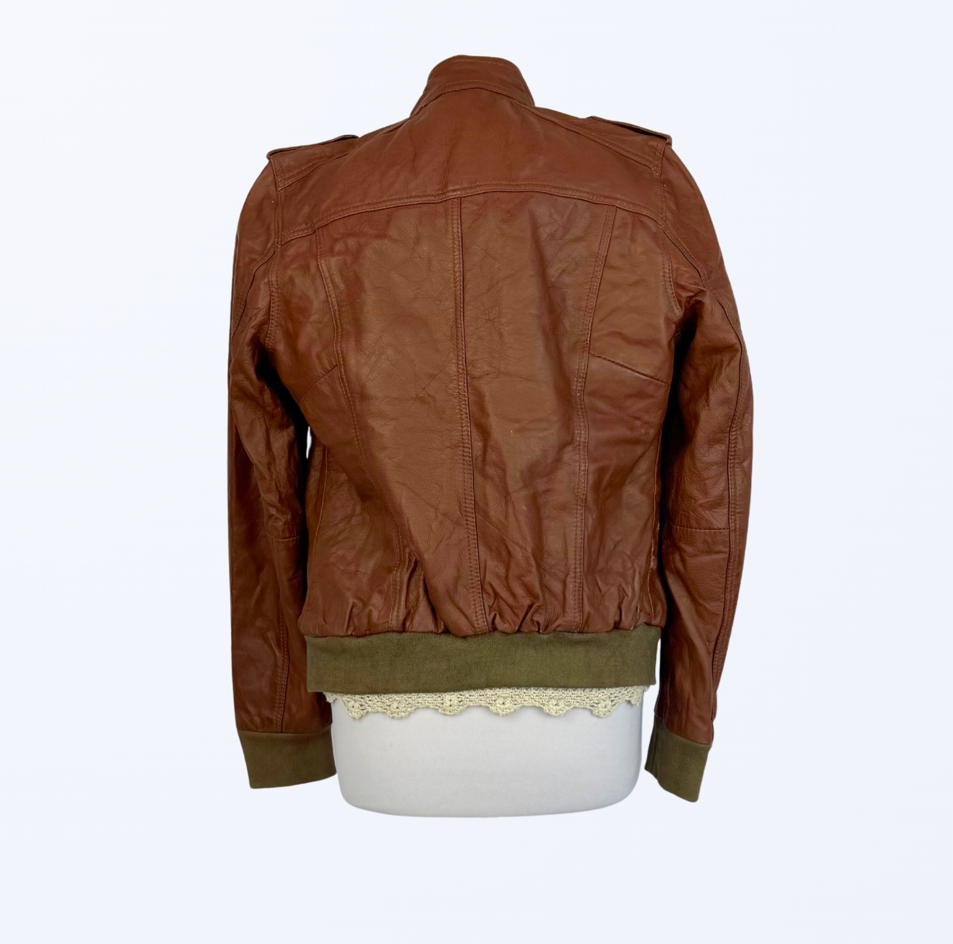 Biker Lederjacke 90s Style Lederjacke cognac braun mit grün
