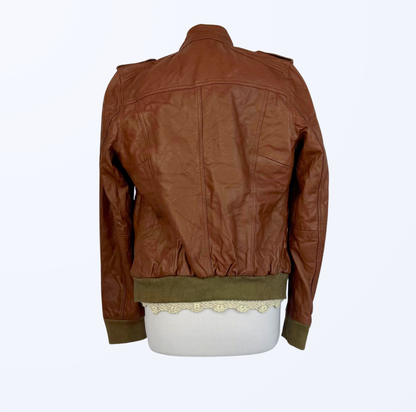 Biker Lederjacke 90s Style Lederjacke cognac braun mit grün