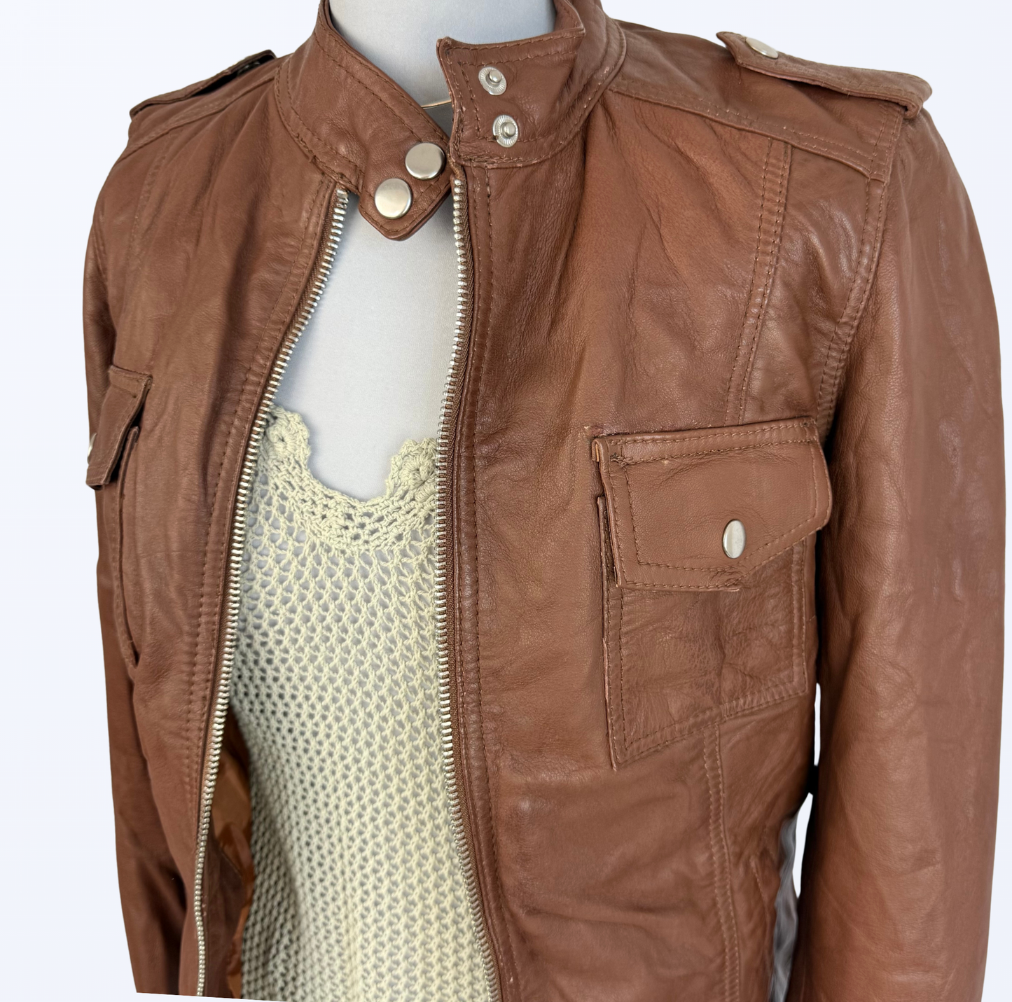 Biker Lederjacke 90s Style Lederjacke cognac braun mit grün