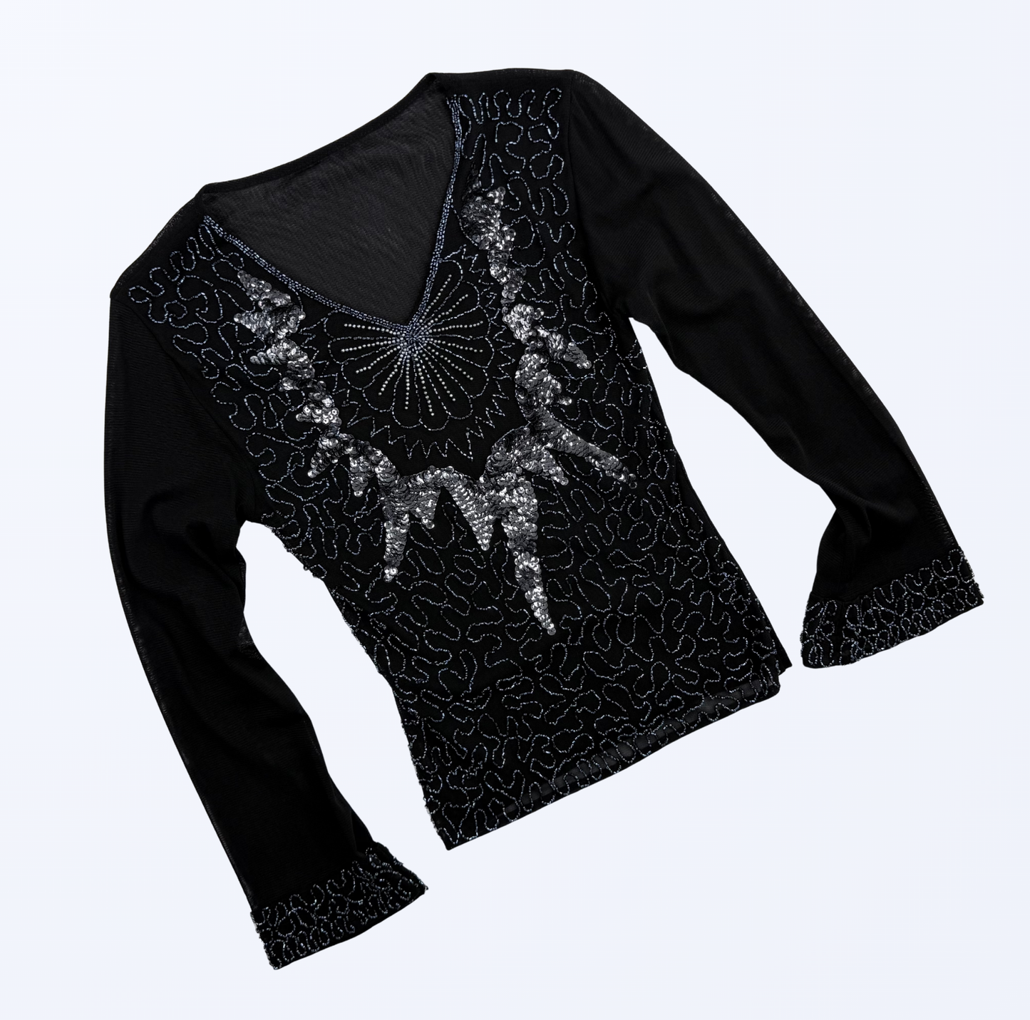 Longsleeve 90s 2000s y2k Pailletten Semitransparent schwarz Gr. S