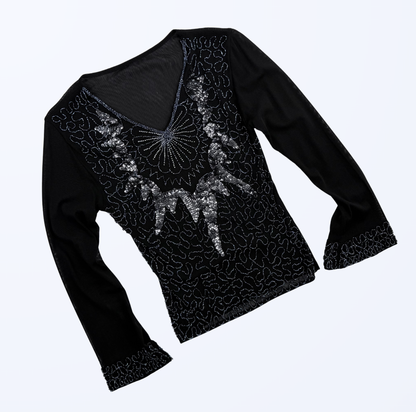 Longsleeve 90s 2000s y2k Pailletten Semitransparent schwarz Gr. S