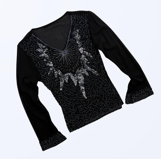 Longsleeve 90s 2000s y2k Pailletten Semitransparent schwarz Gr. S
