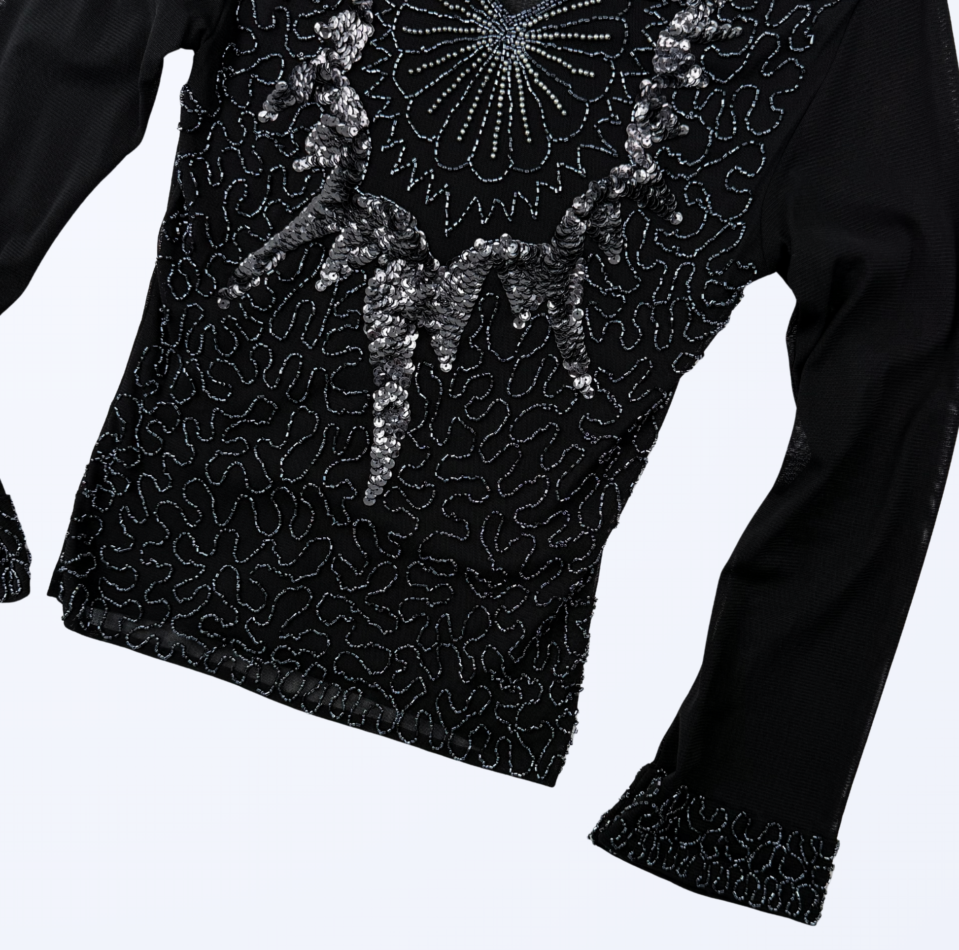 Longsleeve 90s 2000s y2k Pailletten Semitransparent schwarz Gr. S