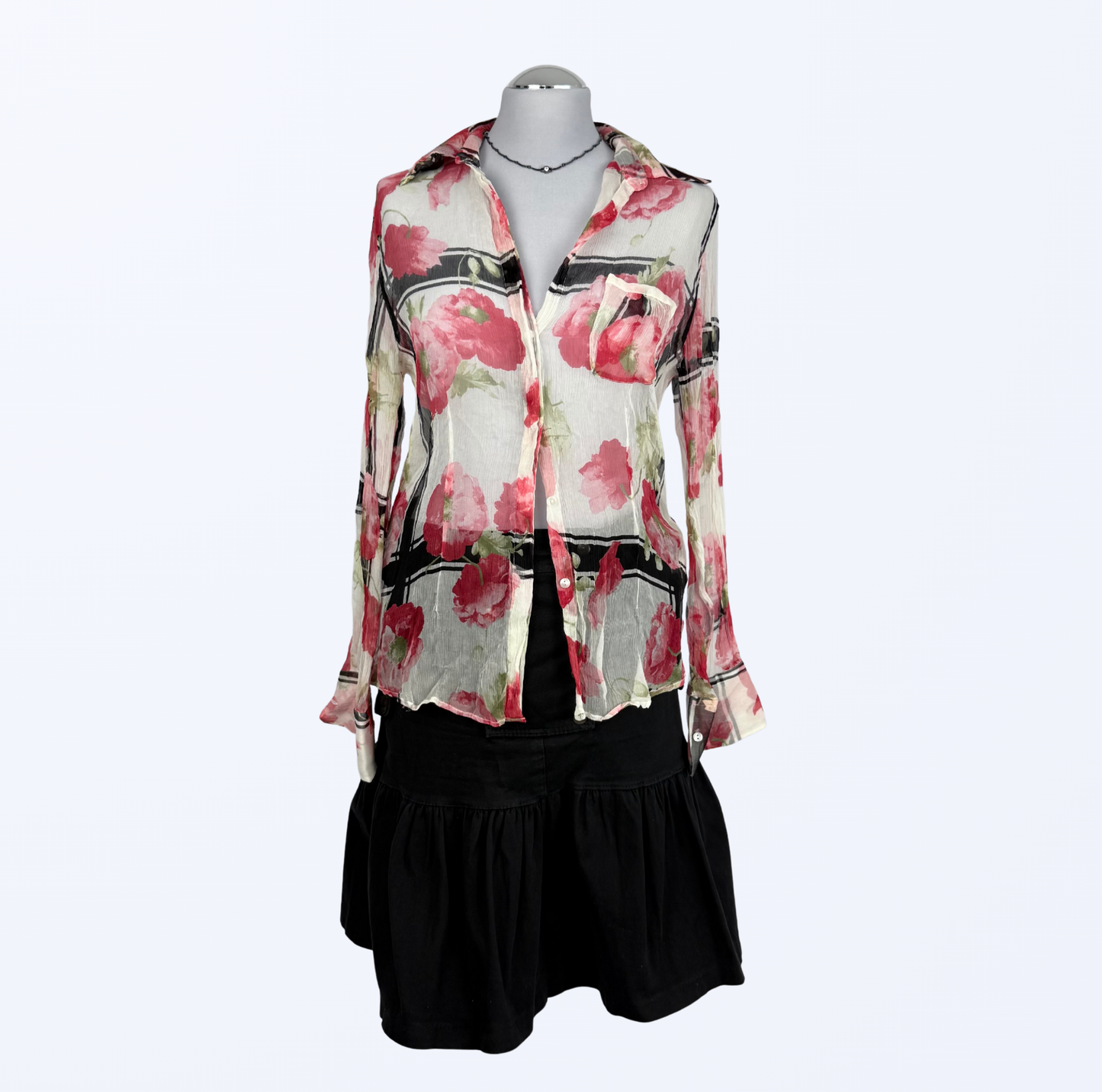 Seidenbluse Blumenmuster weiß rot Teos Vintage Onlineshop