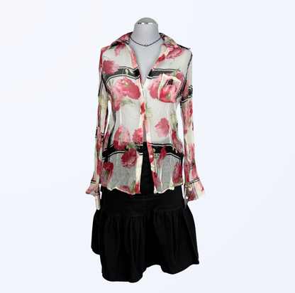 Seidenbluse Blumenmuster weiß rot Teos Vintage Onlineshop