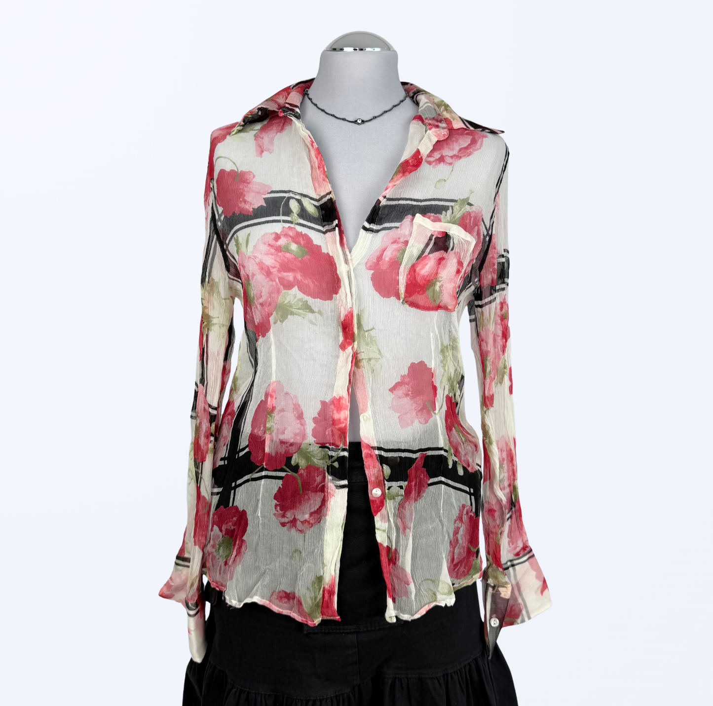 Seidenbluse Blumenmuster weiß rot Teos Vintage Onlineshop