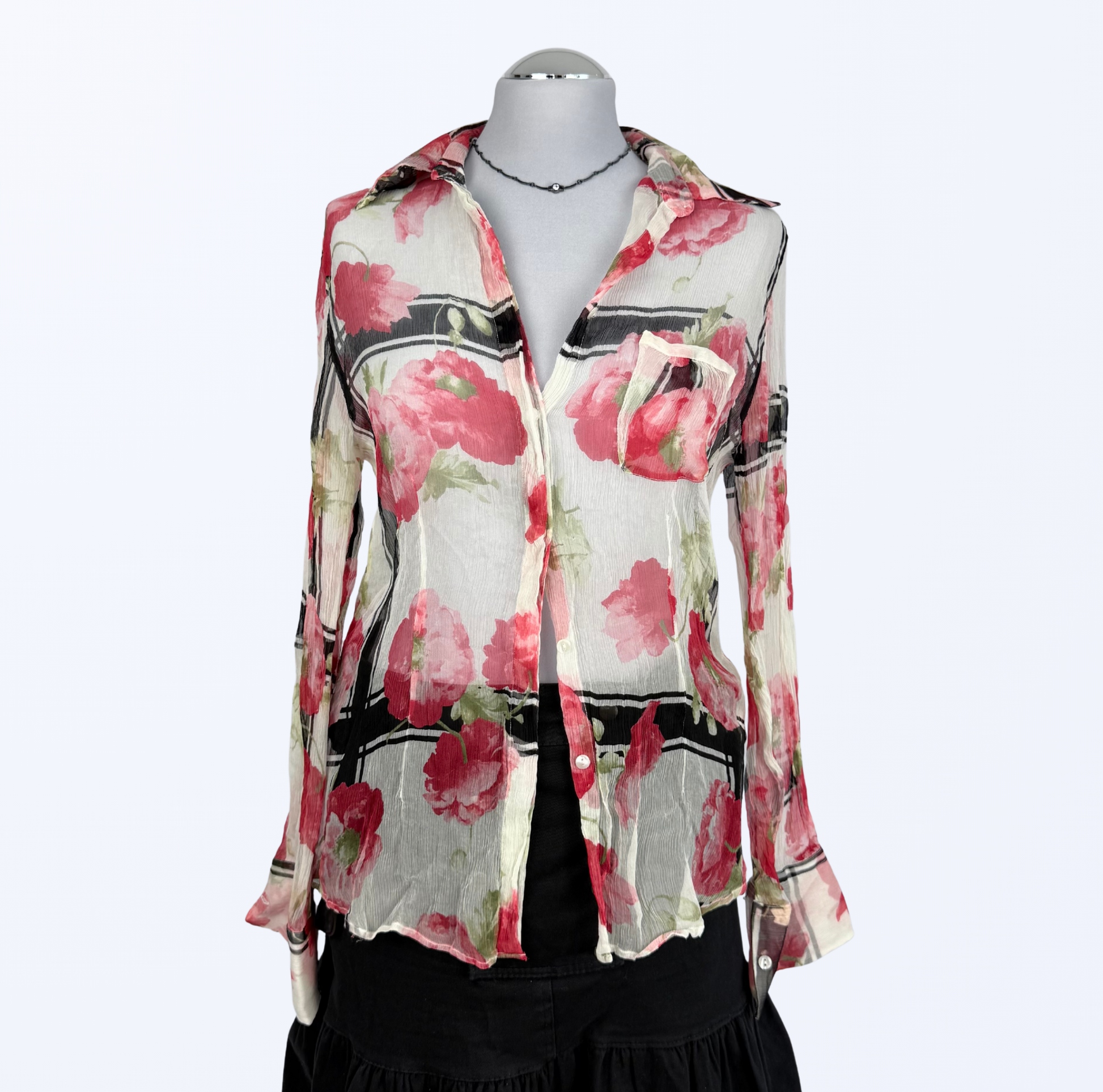 Seidenbluse Blumenmuster weiß rot Teos Vintage Onlineshop