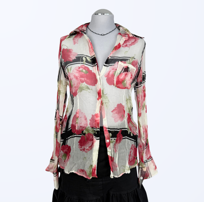 Seidenbluse Blumenmuster weiß rot Teos Vintage Onlineshop