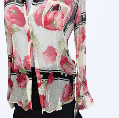 Seidenbluse Blumenmuster weiß rot Teos Vintage Onlineshop