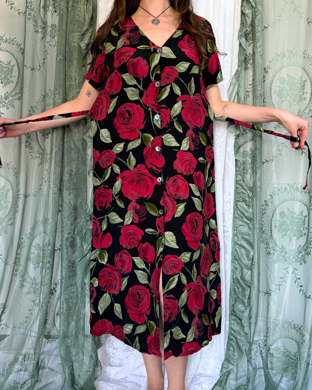 Vintage Maxikleid Rosenmuster 90s Style whitchy whitch 90s Muster Teos Vintage
