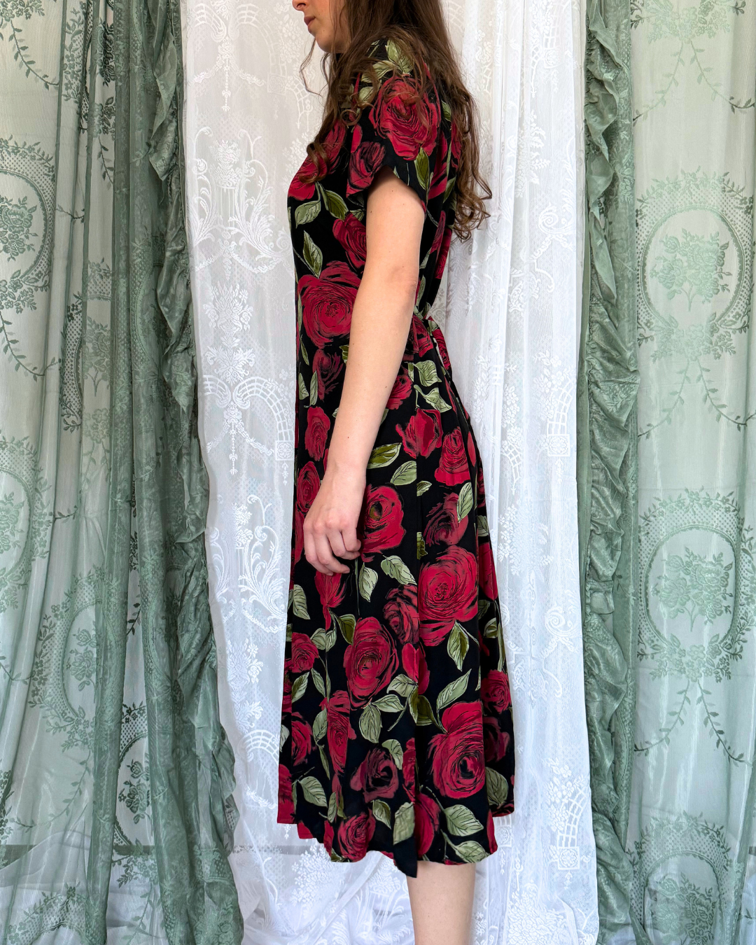 Vintage Maxikleid Rosenmuster 90s Style whitchy whitch 90s Muster Teos Vintage