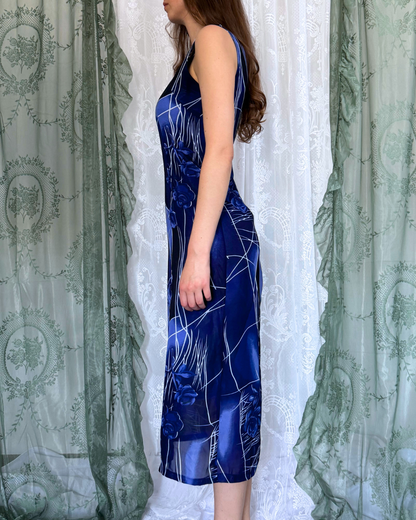 90s Style Maxikleid Blumenmuster schwarz Blau Gr. M Whitchy Whismy Whimsical Teos Vintage Onlineshop