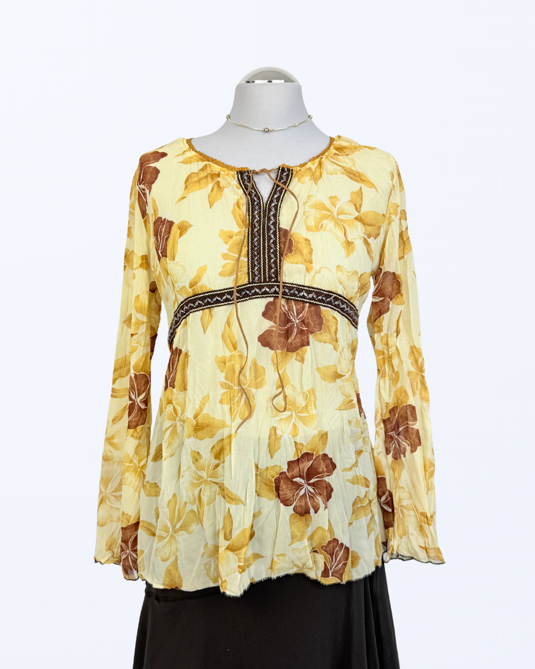 Boho Oberteil Mesh mit Blumen gelb braun Teos Vintage Onlineshop