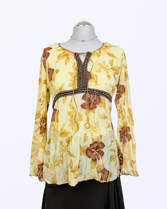 Boho Oberteil Mesh mit Blumen gelb braun Teos Vintage Onlineshop