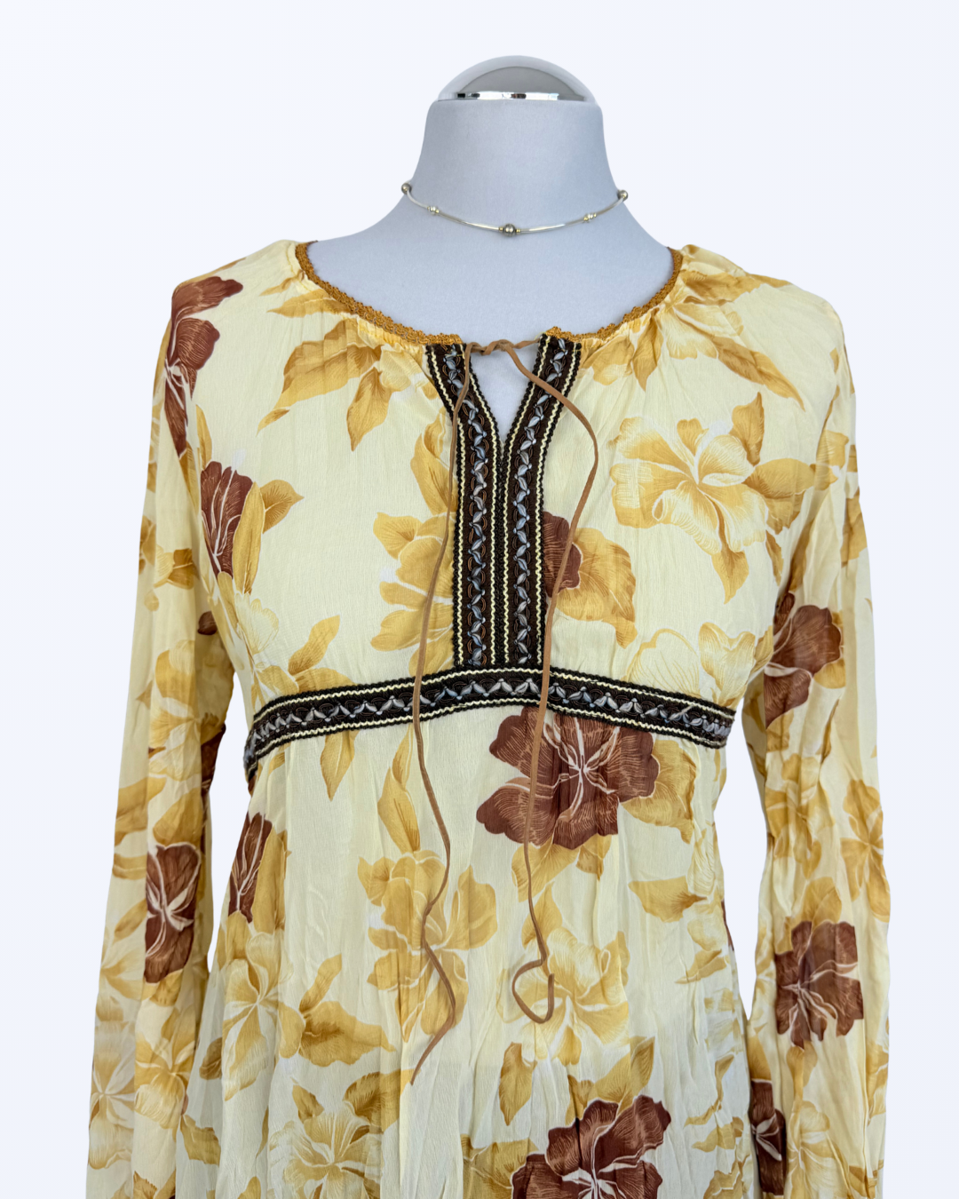 Boho Oberteil Mesh mit Blumen gelb braun Teos Vintage Onlineshop