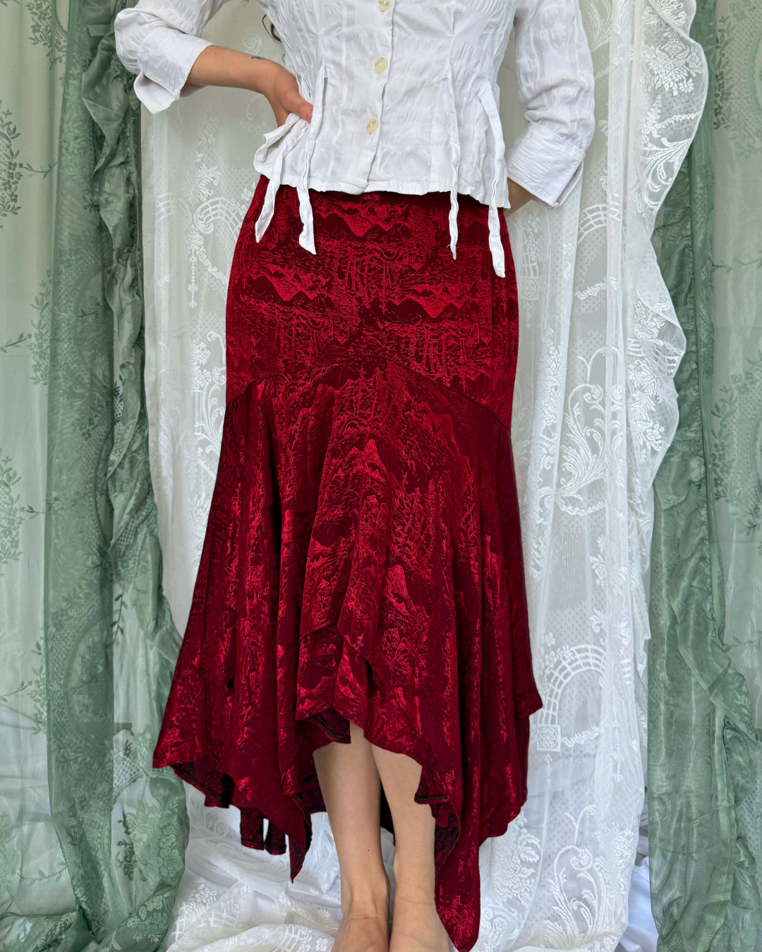 Midirock Maxirock Asymmetrisch Hexenrock witchy Rock whimsical whimsy rot muster besonders rare Teos Vintage Onlineshop