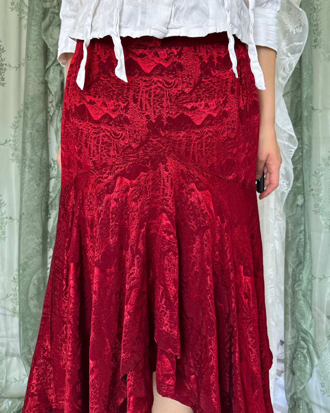 Midirock Maxirock Asymmetrisch Hexenrock witchy Rock whimsical whimsy rot muster besonders rare Teos Vintage Onlineshop