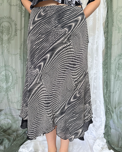 Asymmetrischer Midirock psychedelisches trippy Muster 90s Style whimsical whitchy whimsy Teos Vintage Onlineshop