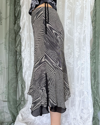 Asymmetrischer Midirock psychedelisches trippy Muster 90s Style whimsical whitchy whimsy Teos Vintage Onlineshop