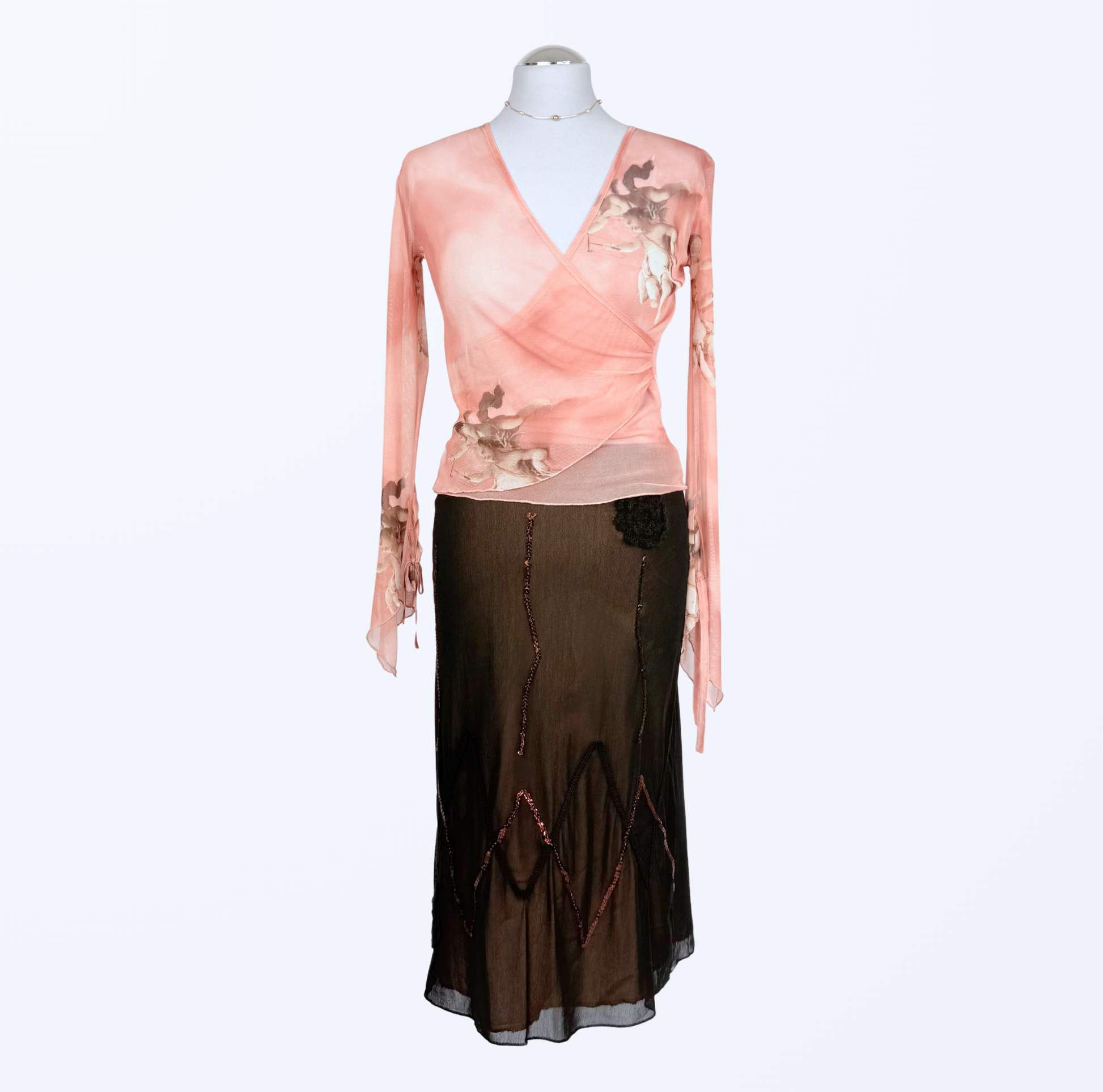 Besonderer Midirock mit Pailletten und Strickblumen schwarz beige schick edel 90s style