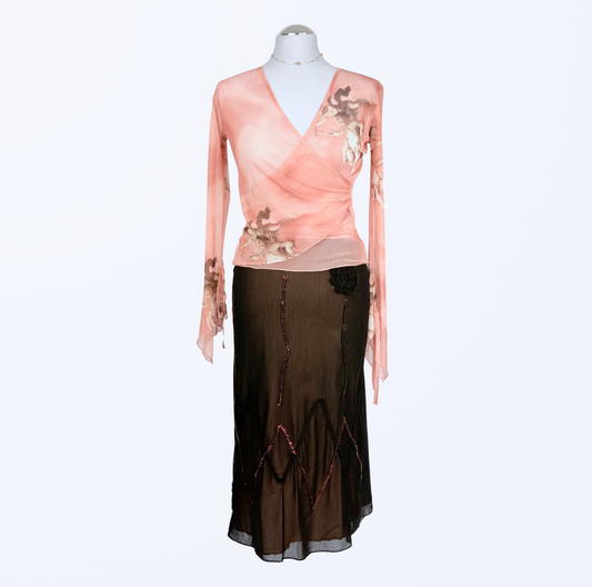 Besonderer Midirock mit Pailletten und Strickblumen schwarz beige schick edel 90s style
