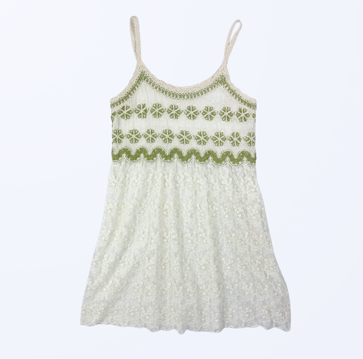 Minikleid Häkel Spitze grün creme 70s Boho Festival Style Teos Vintage Onlineshop