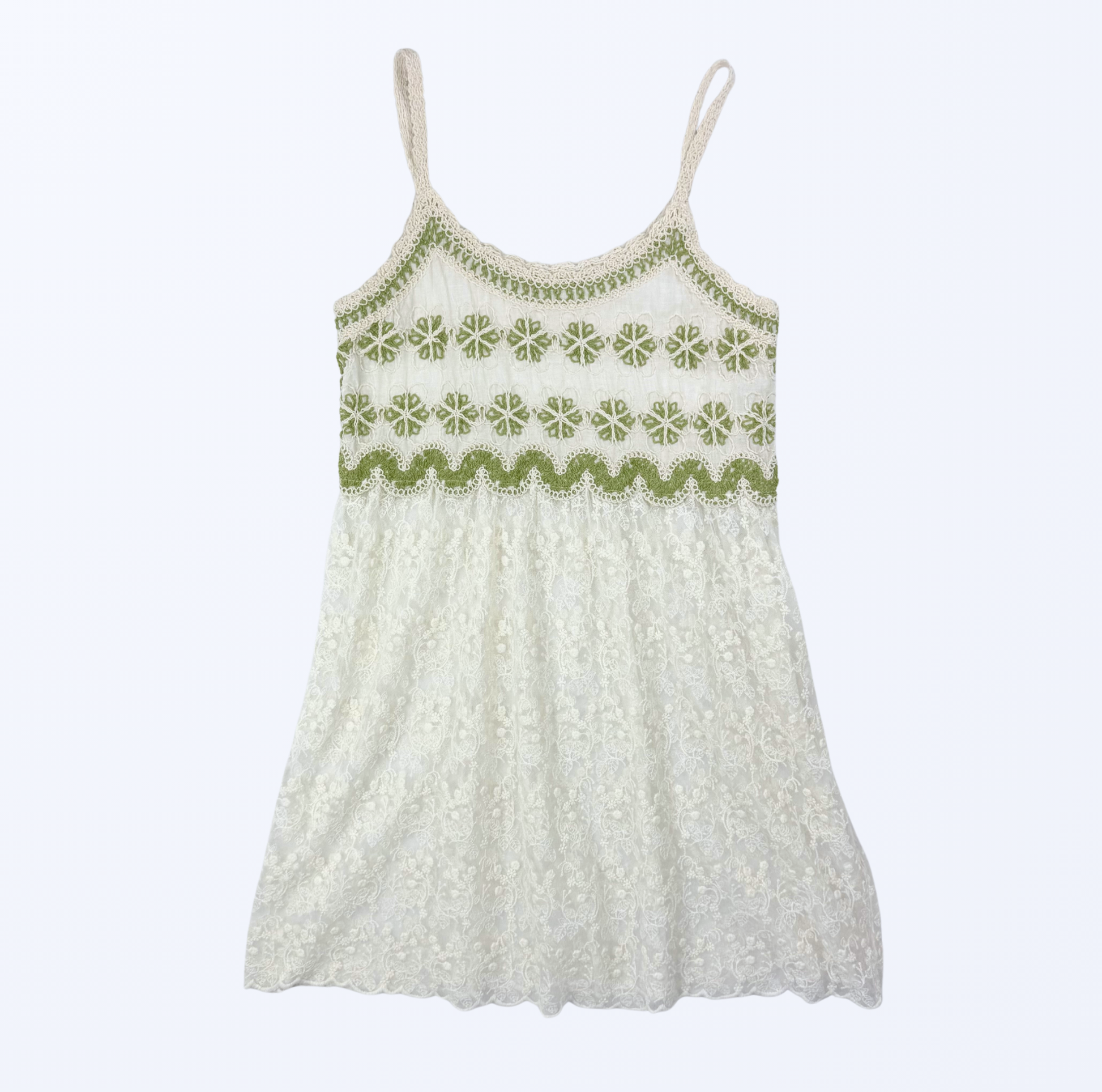 Minikleid Häkel Spitze grün creme 70s Boho Festival Style Teos Vintage Onlineshop