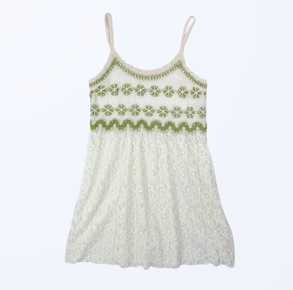 Minikleid Häkel Spitze grün creme 70s Boho Festival Style Teos Vintage Onlineshop