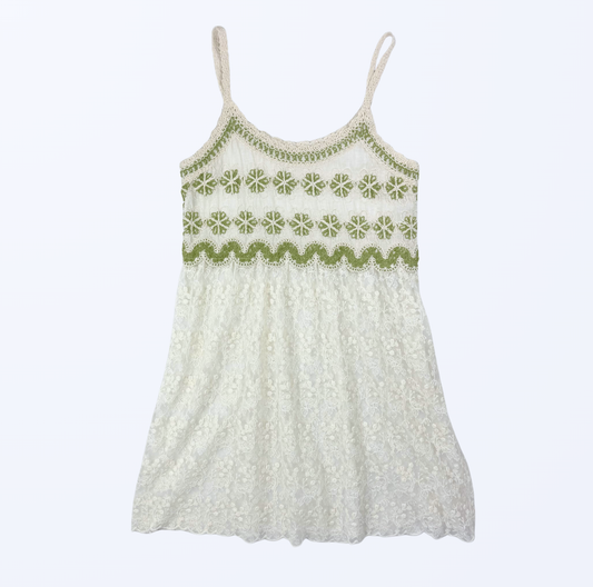 Minikleid Häkel Spitze grün creme 70s Boho Festival Style Teos Vintage Onlineshop