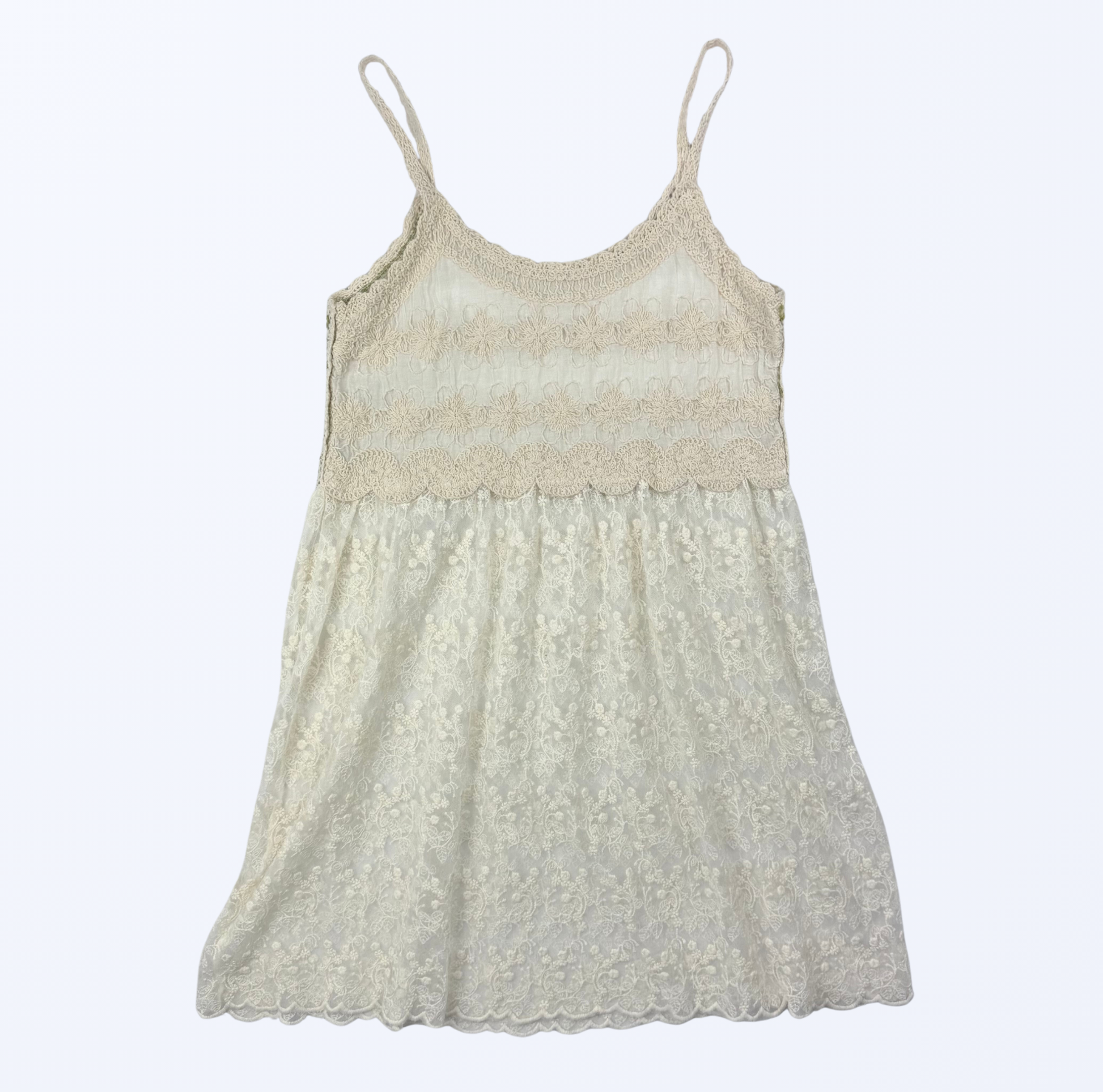Minikleid Häkel Spitze grün creme 70s Boho Festival Style Teos Vintage Onlineshop