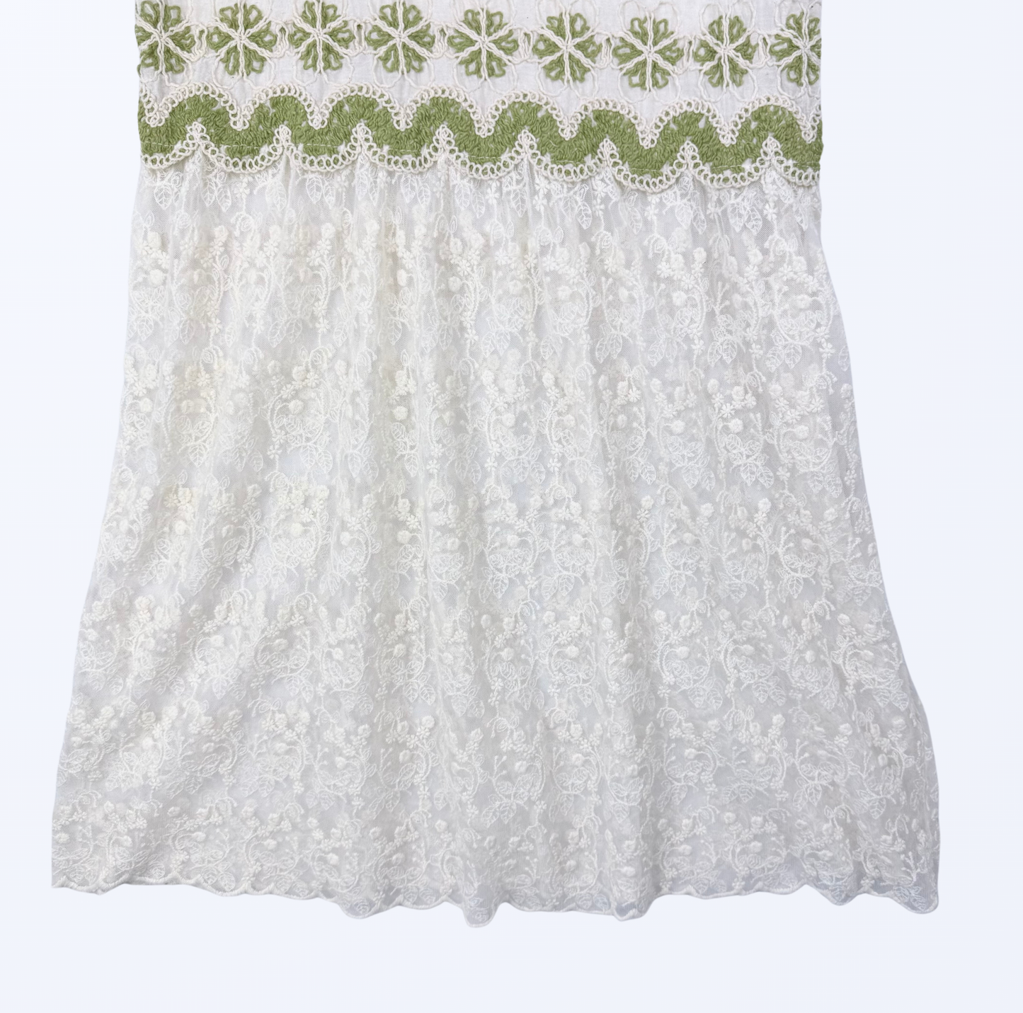 Minikleid Häkel Spitze grün creme 70s Boho Festival Style Teos Vintage Onlineshop