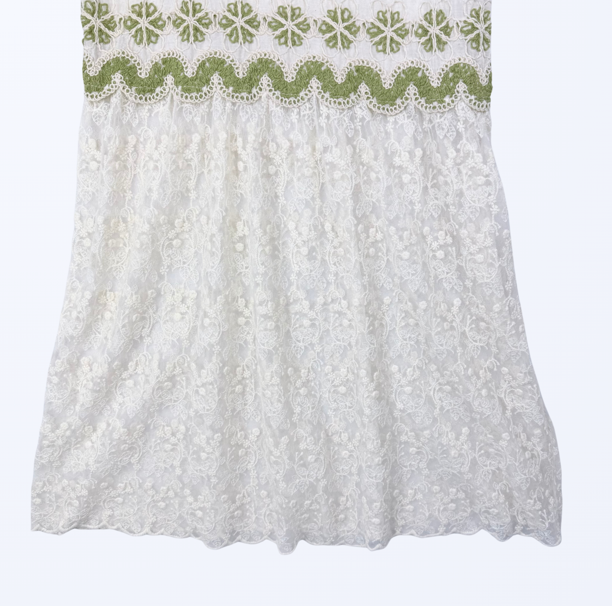 Minikleid Häkel Spitze grün creme 70s Boho Festival Style Teos Vintage Onlineshop