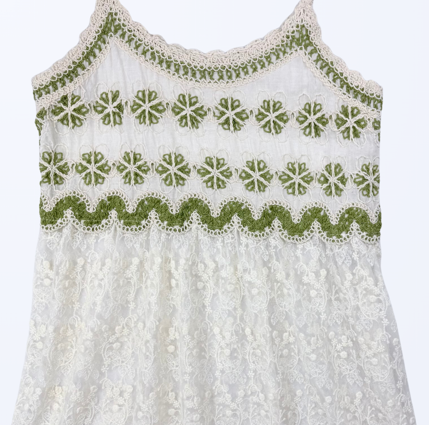 Minikleid Häkel Spitze grün creme 70s Boho Festival Style Teos Vintage Onlineshop