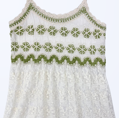 Minikleid Häkel Spitze grün creme 70s Boho Festival Style Teos Vintage Onlineshop